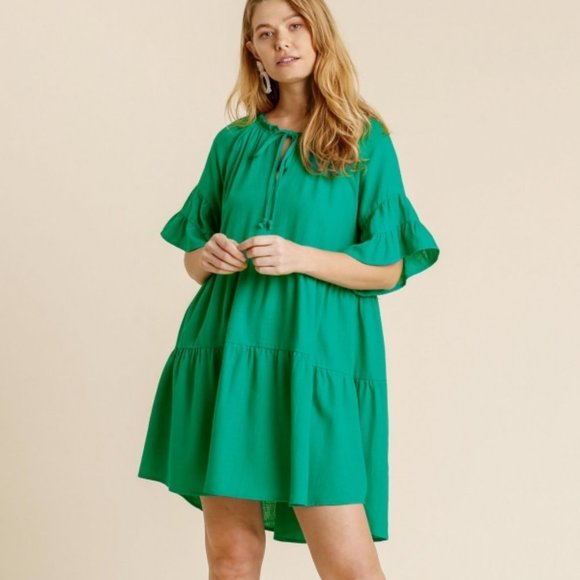 Umgee French Terry Mini Dress with Ruffled Striped Trim